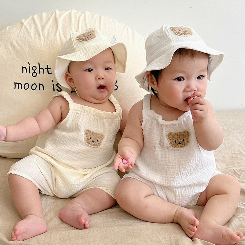 Cartoon Bear Muslin Romper Hat Suit Summer Autumn Baby Clothes Infant Girls Coat Soft Cotton Breathable Jumpsuit for Boys 0-3T