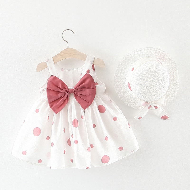 Big Bow Baby Dress Lovely Summer Infant Baby Girl Clothes Cute Dot Sleeveless Cotton Toddler Dresses+Sunhat Newborn Clothing Set